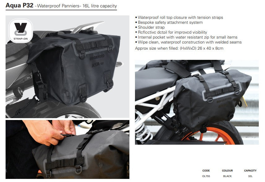 Oxford Aqua P32 Waterproof 32 Liter Motorbike Panniers Luggage-Win Impex Moto