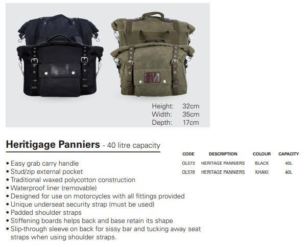 Oxford Heritage Motorcycle Panniers Khaki-Win Impex Moto