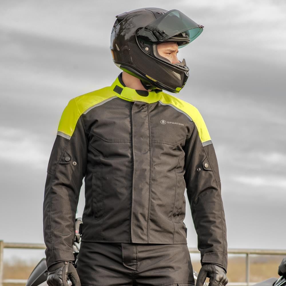 Spartan Short WP Waterproof Motorcycle Motorbike MS Jacket - Black/Fluo-Win Impex Moto