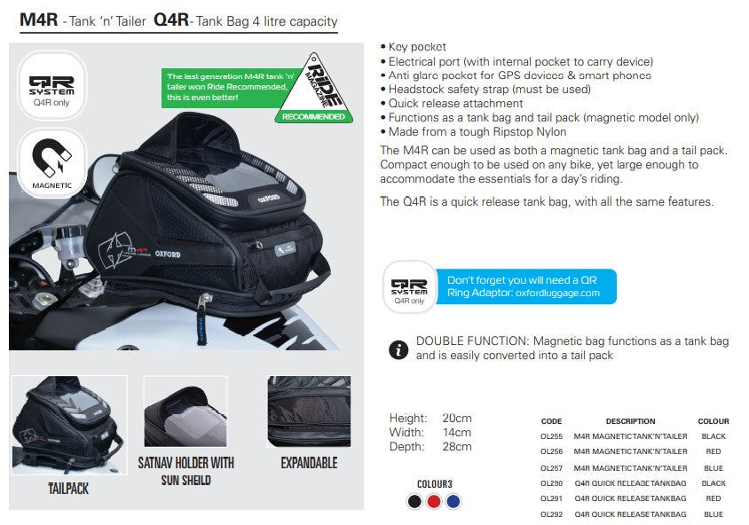 Oxford Q4R Quick Release Sports Motorbike Tank Bag-Win Impex Moto