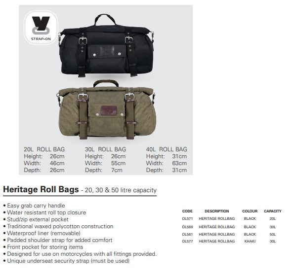 Oxford Heritage Roll Bag Motorcycle Luggage Khaki 30L-Win Impex Moto